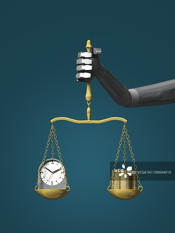 人工智能与金钱和时钟的平衡，特写镜头图片素材