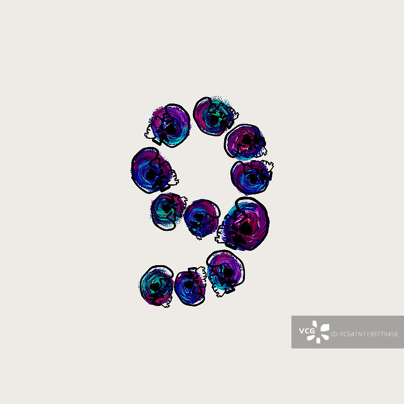 手绘头骨和水彩Grunge风格矢量数字9图片素材