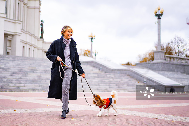 女人在户外和小查尔斯王小猎犬玩耍图片素材