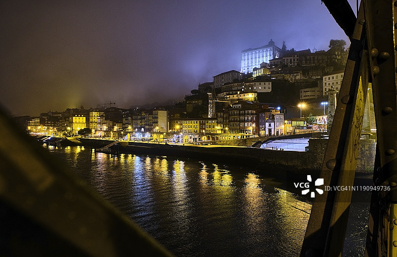 葡萄牙波尔图夜景：从路易一世桥俯瞰城市灯光图片素材