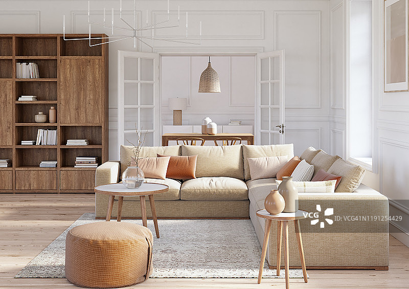 现代斯堪的纳维亚风格客厅室内设计 - 3D渲染图片素材