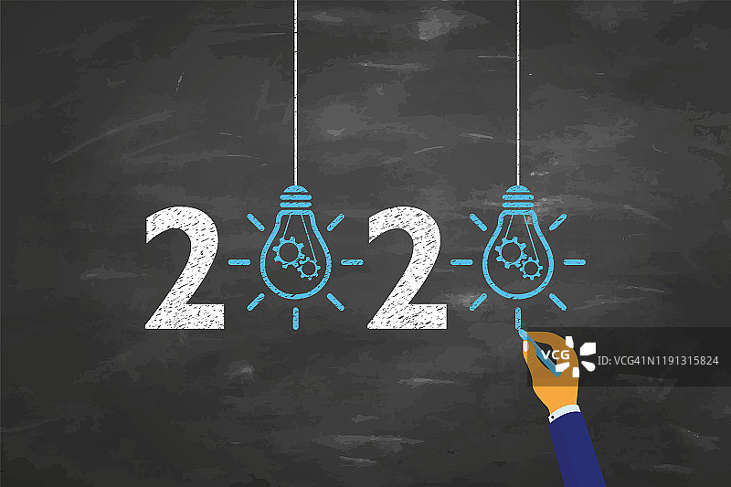 人类手画2020年的想法概念在黑板的背景图片素材