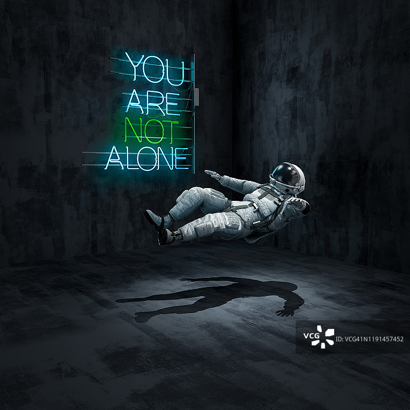 宇航员漂浮在有霓虹灯的房间里图片素材