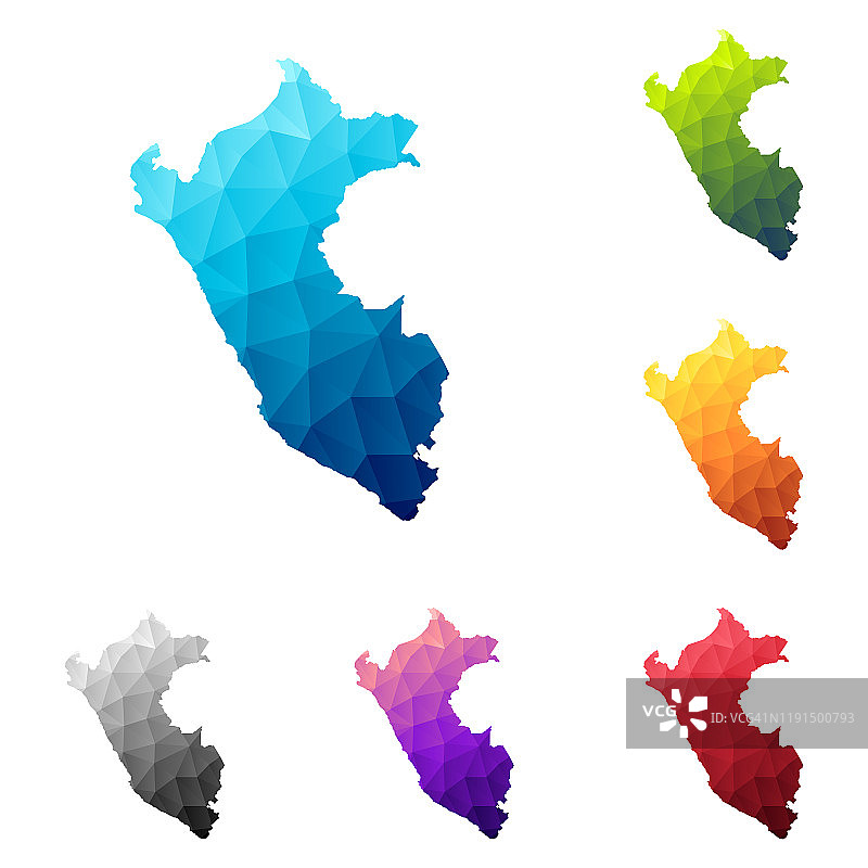 低多边形风格的秘鲁地图 - 彩色多边形几何设计图片素材