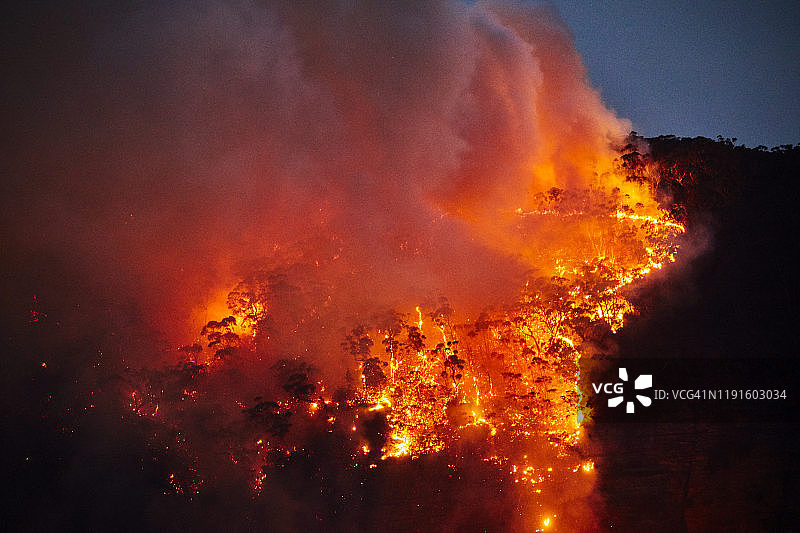 澳大利亚蓝山，黄昏夜晚山间森林火灾，火焰和烟雾图片素材
