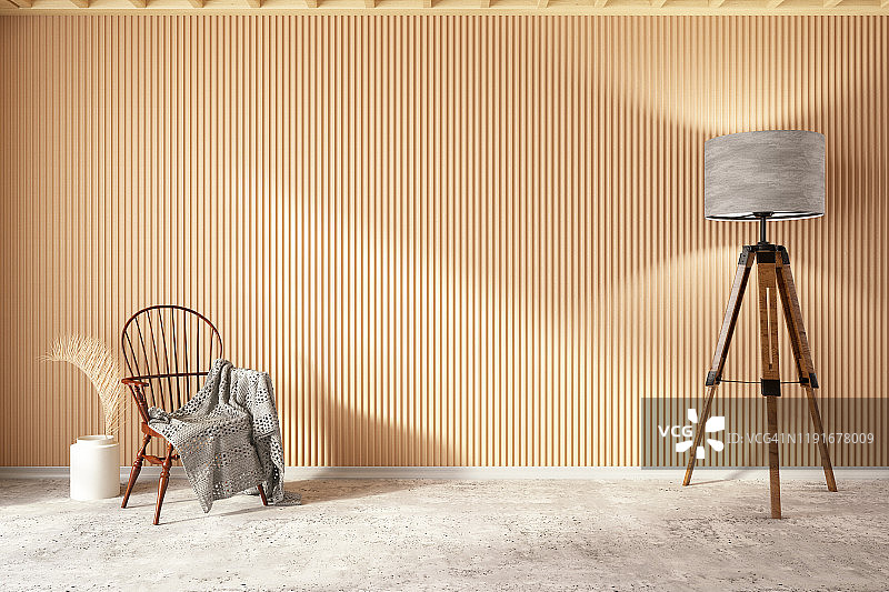 带有椅子、毯子和落地灯的木制内饰图片素材