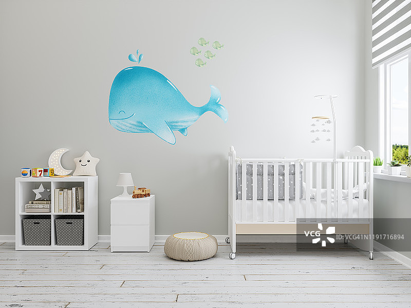 室内苗圃：墙壁贴有鲸鱼壁纸图片素材