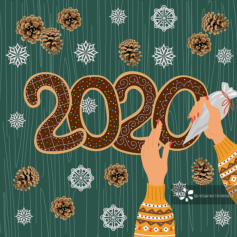 为圣诞节和新年做准备。可爱的俯视图矢量插图-手与糕点袋装饰姜饼与糖霜和松果与雪花。向量图片素材