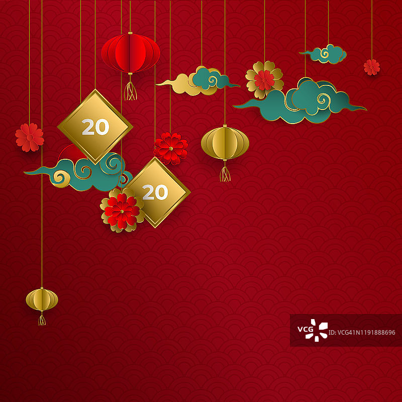 2020中国新年贺卡：金色、红色祥云，灯笼、鲜花红色背景，节日邀请函、海报、banner图片素材