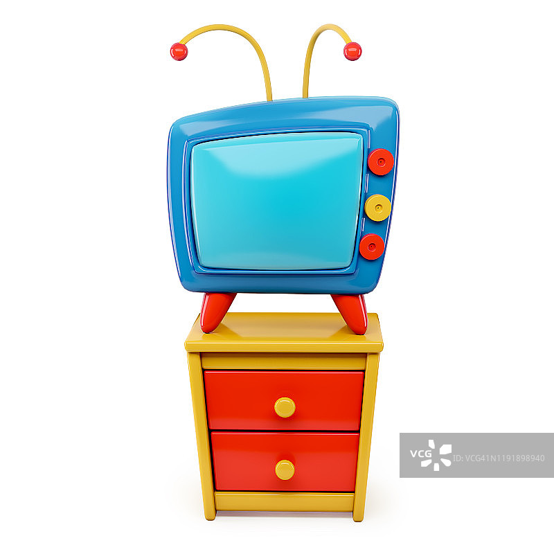 复古蓝色电视卡通，白色背景梳妆台，3D渲染图片素材