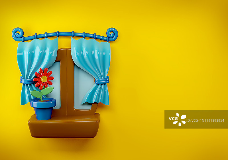 卡通家居窗户蓝色花盆3D渲染插画图片素材