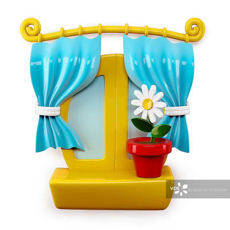 卡通房屋窗户红色花盆蓝色窗帘3D渲染插画图片素材