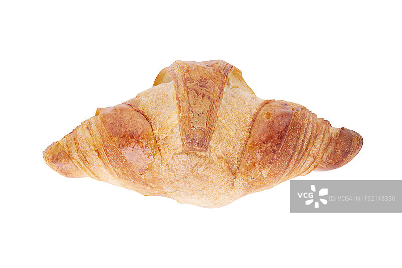 新鲜酥脆牛角面包，白色背景。图片素材