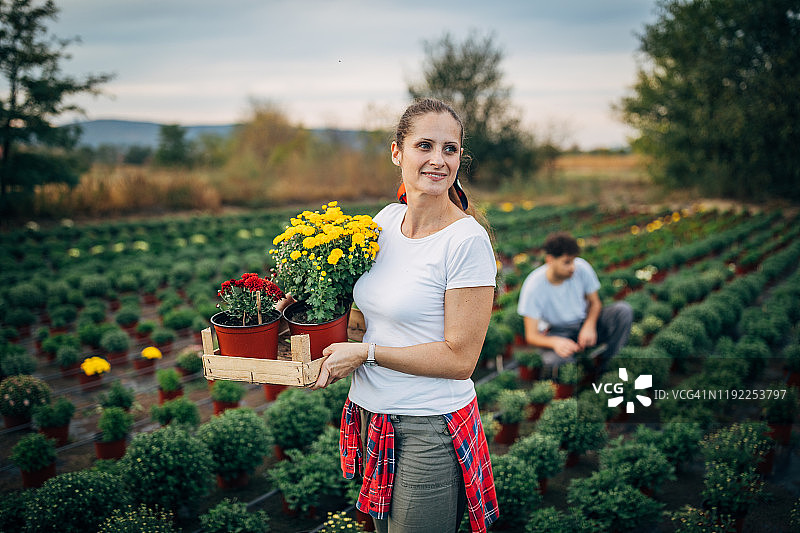 忙碌的女人在花卉农场户外工作图片素材