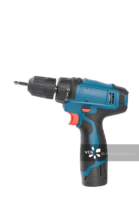 电池螺丝刀或钻头，白色背景上隔离图片素材