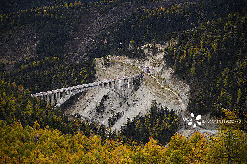 中国云南省德钦县秋季森林中的隧道图片素材