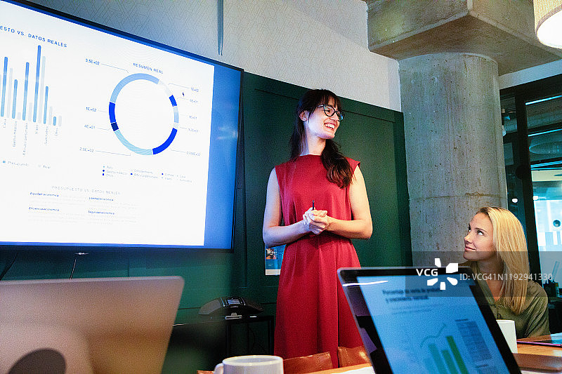 自信的商务女性在会议上宣布好消息图片素材