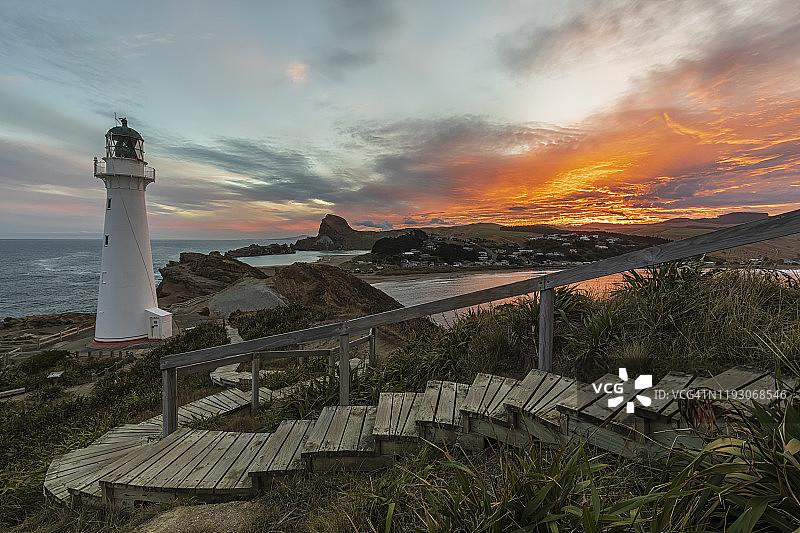 新西兰卡斯尔波因特日落灯塔图片素材