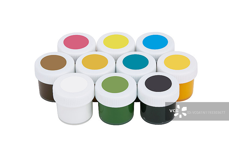 白色背景上的彩色水粉罐和丙烯颜料图片素材