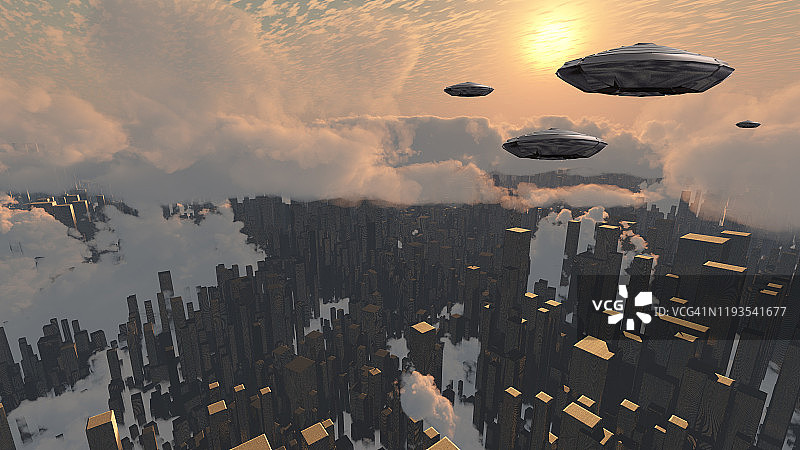 未来大都市上空的飞碟，日落时分，城市上空的宇宙飞船图片素材