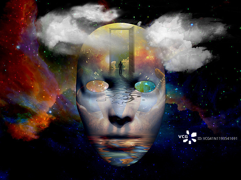 面具：通往海边另一世界的门，彩色宇宙背景图片素材