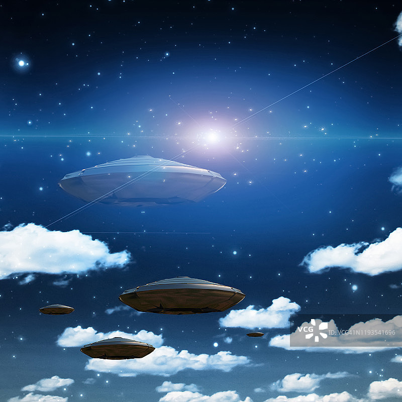 云天中的飞行太空飞船：明亮的星星图片素材