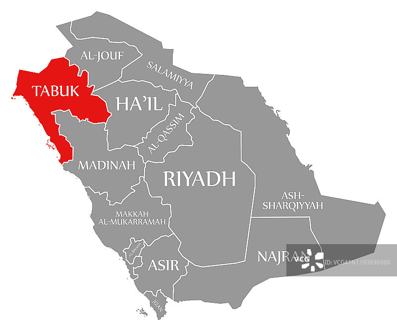 沙特阿拉伯地图中红色突显的塔布克图片素材