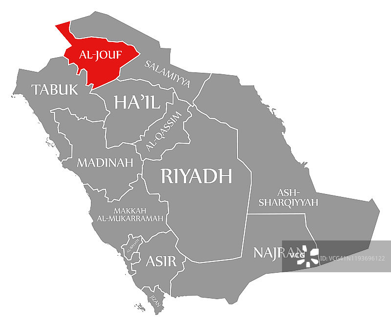 沙特阿拉伯地图中红色突出的焦夫图片素材