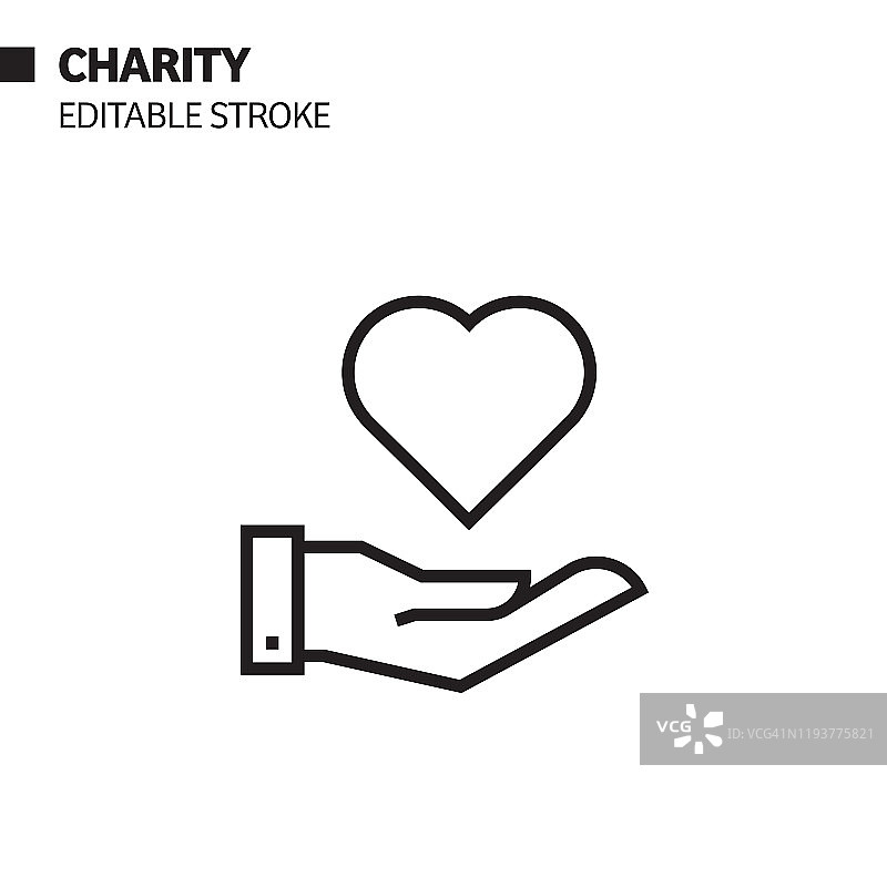 慈善线性图标，轮廓矢量符号插图。像素完美，可编辑笔画图片素材