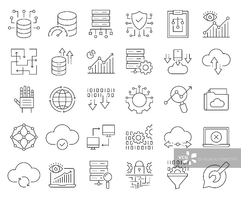 大数据相关矢量线性图标集图片素材