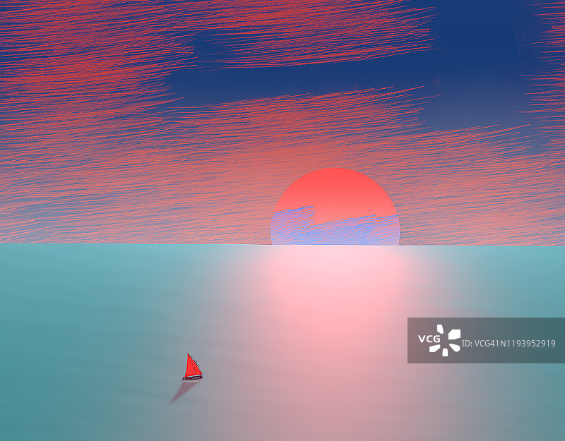 红色日落与帆船图片素材