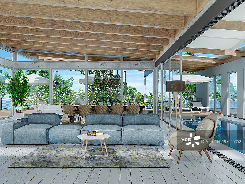 带游泳池的现代客厅和餐厅图片素材