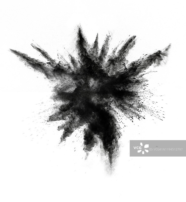 白色背景上的黑色粉末烟雾粒子云冲击爆炸图片素材