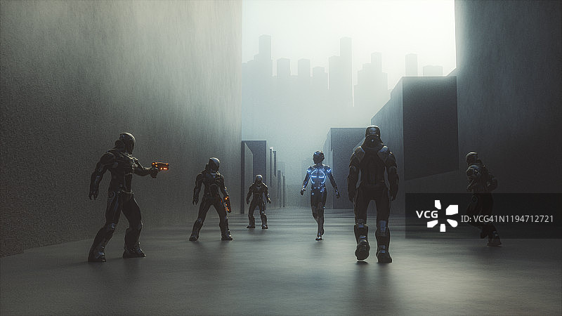 未来警察逮捕从隔离区出来的电子人图片素材