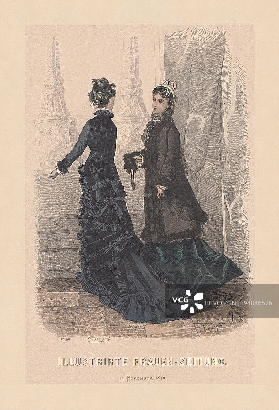 1876年流行女装手绘木刻版画图片素材