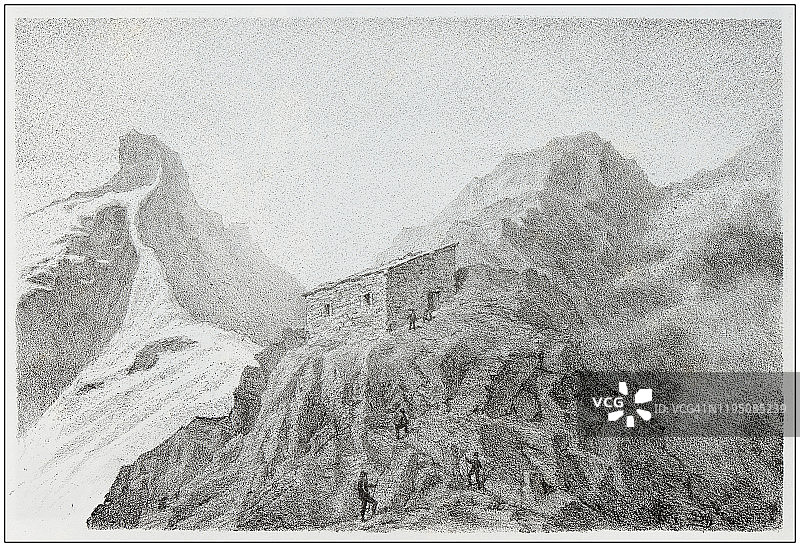 意大利阿尔卑斯山瓦尔塞西亚地区人物古董插画：文森特小屋图片素材