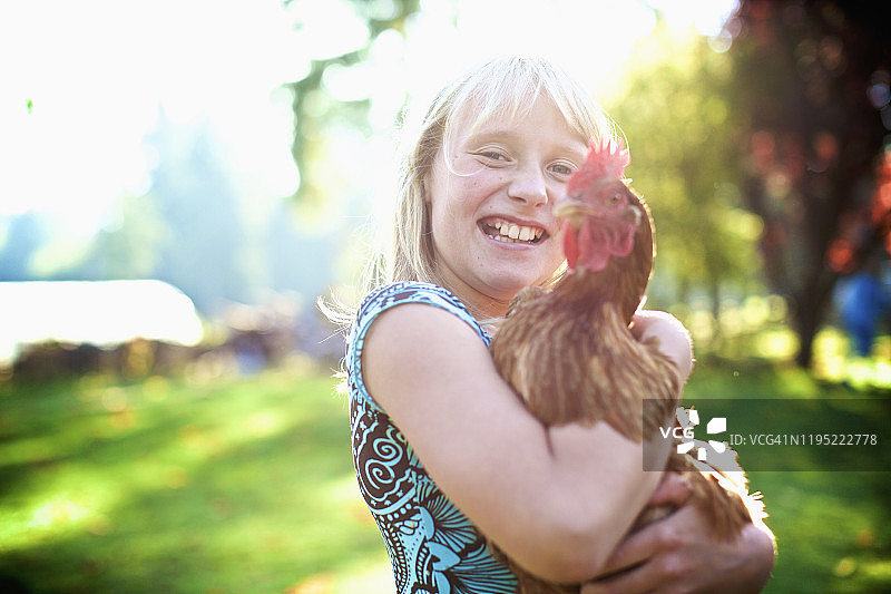 阳光明媚的院子里抱着母鸡的快乐女孩图片素材