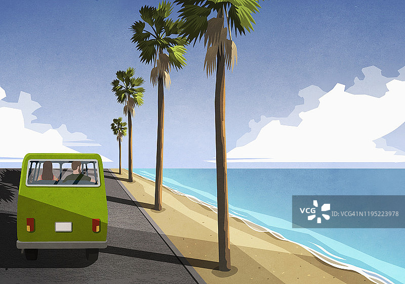 情侣驾驶复古货车沿着田园般的热带海滩行驶图片素材