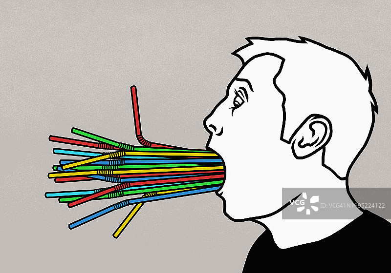 一堆彩色塑料吸管塞在男人嘴里图片素材