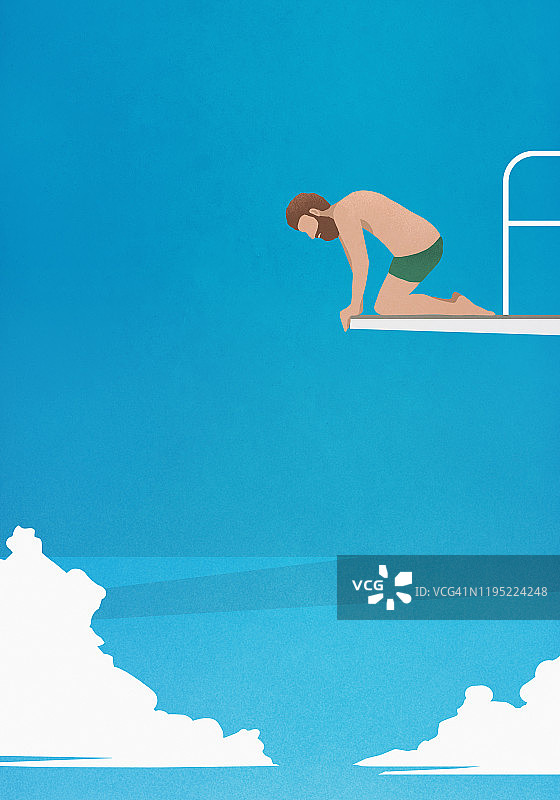 站在跳板边缘向下看的焦虑男子图片素材