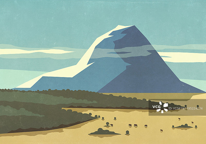 阳光明媚的山下山谷中野生大象的风景图片素材