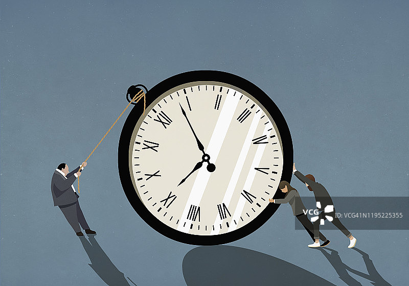 情侣和商人推动和拉动大型秒表图片素材