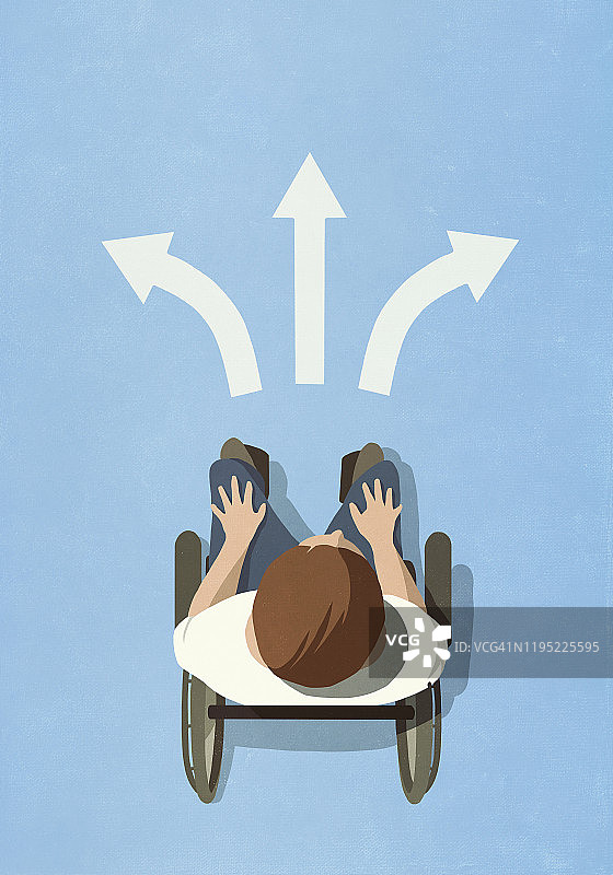 轮椅男子在人行道上的俯视图图片素材