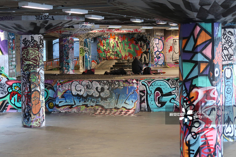 滑板和BMX公园：伊丽莎白女王大厅下方，伦敦泰晤士河南岸图片素材