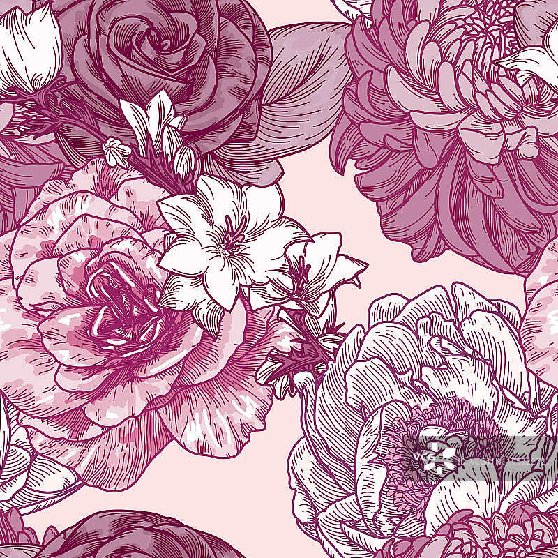 复古线条艺术大花朵无缝花卉图案图片素材