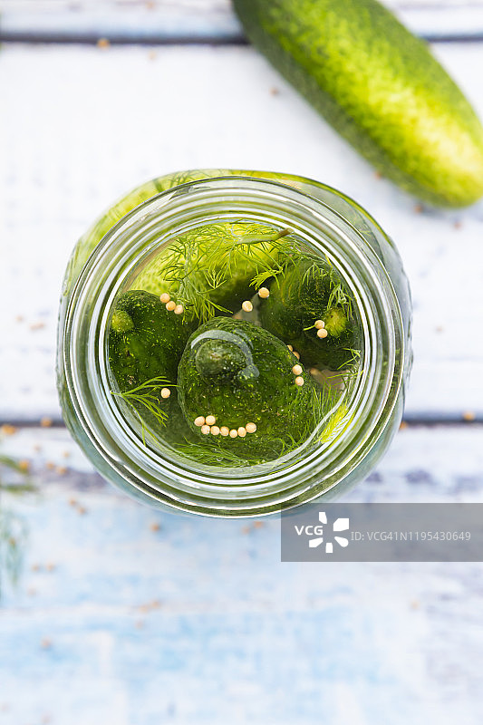 俯视角度拍摄的芥菜籽腌莳萝泡菜图片素材