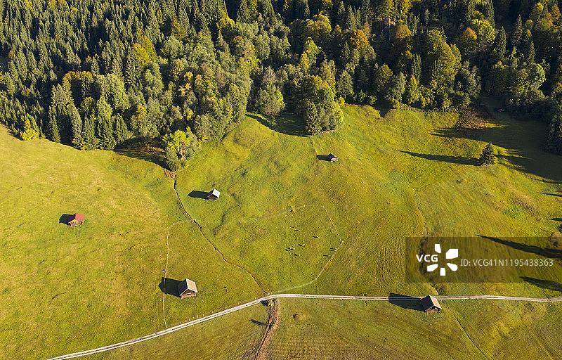 德国上巴伐利亚韦尔登费尔瑟地区：晴天时克伦的绿色田野航拍图片素材