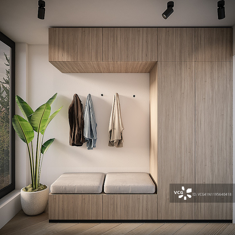 电脑生成的走廊和餐厅图像：建筑可视化图片素材