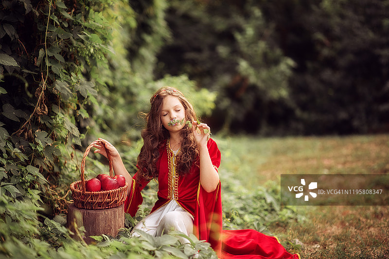 在盛开的水仙花田中，身穿粉红色红裙子的长发漂亮女孩图片素材