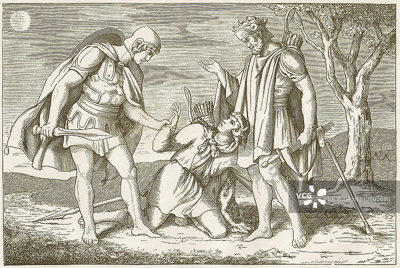 希腊神话人物狄俄墨得斯、奥德修斯和多隆，1883年出版的木刻版画图片素材